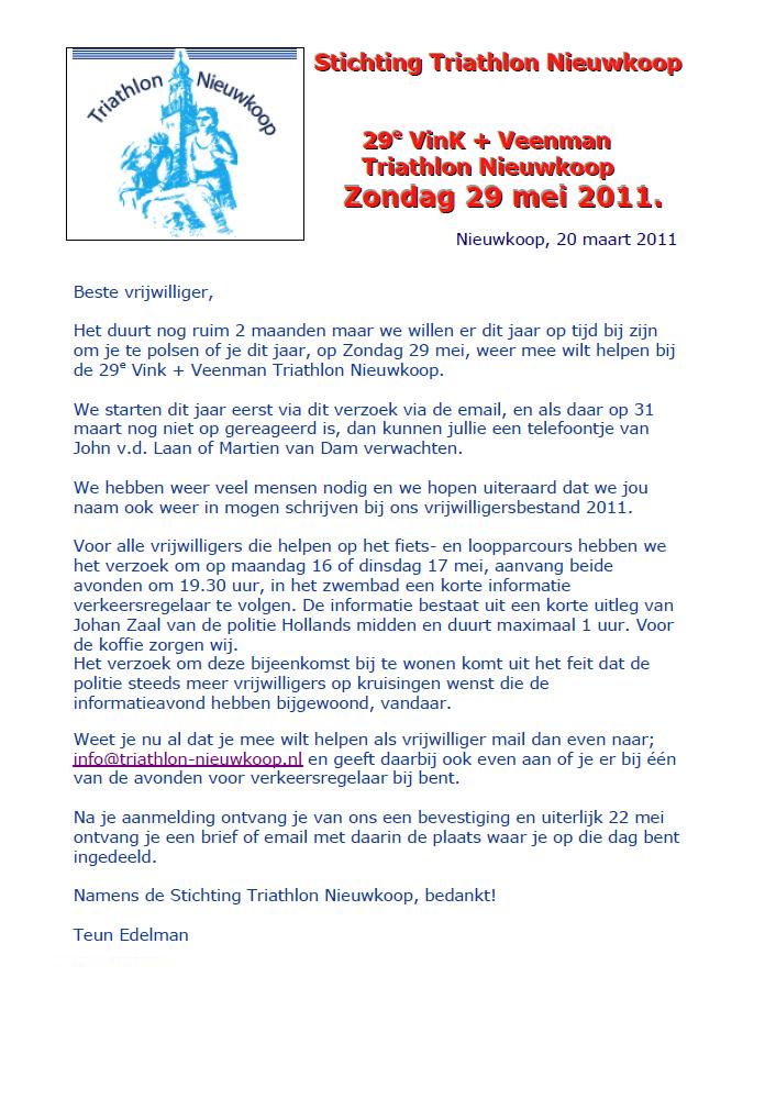 Triathlon Nieuwkoop uitnodiging vrijwilligers 2011